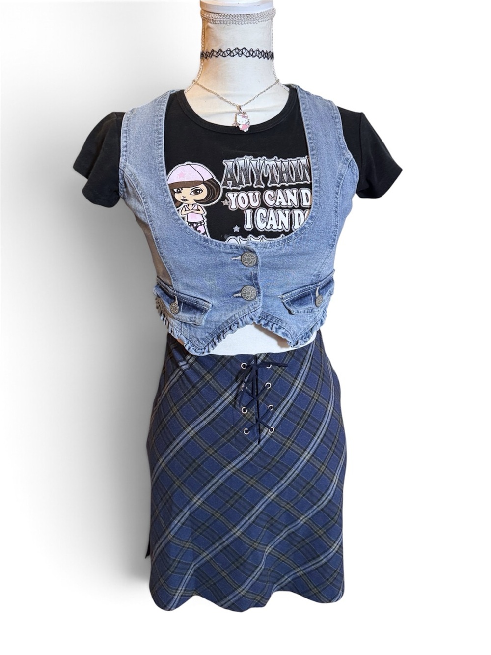 EXACT CHANGE Y2K PLAID LACE UP CORSET BLUE SKIRT SCHOOL GIRL 📓🩵